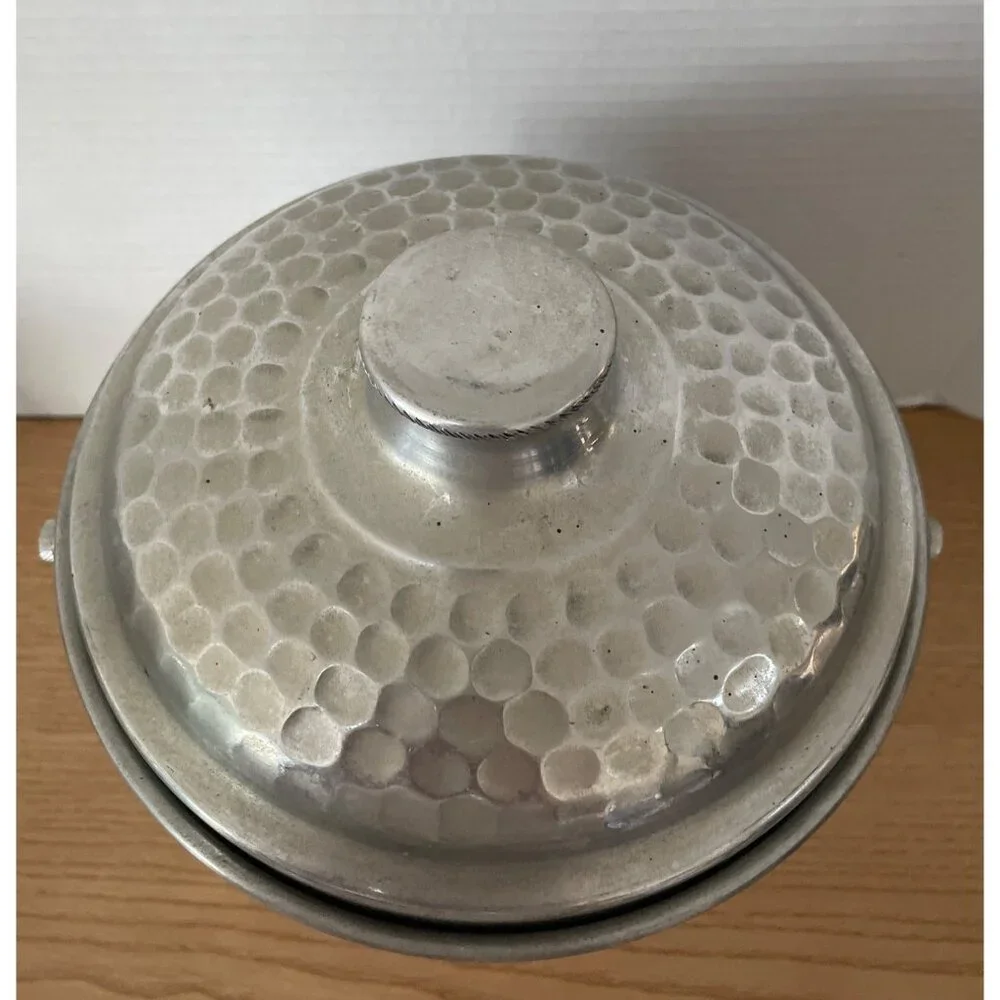 Vintage MCM Ice Bucket Nasco Italy Hammered Aluminum w Lid & Handle Retro Decor
